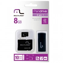 CARTAO DE MEMORIA MICRO SD 8GB CLASSE 4 + ADAPTADOR SD + PENDRIVE 3 X 1 MULTILASER MC058