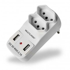 ADAPTADOR DE TOMADA 2 SAIDAS 2P+T C/ 2 PORTA USB 2,1A BRANCO WI331 MULTILASER