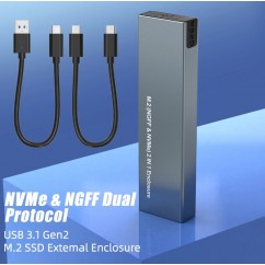 GAVETA/CASE P/ HD SSD M.2 NVME E SATA (NGFF), 2 EM 1 EM ALUMINIUM USB 3.1 - HY2071
