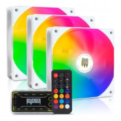 KIT 3 COOLER FAN RGB 120MM BRANCAS COM CONTROLADORA E CONTROLE REMOTO REVENGER G-VR335K